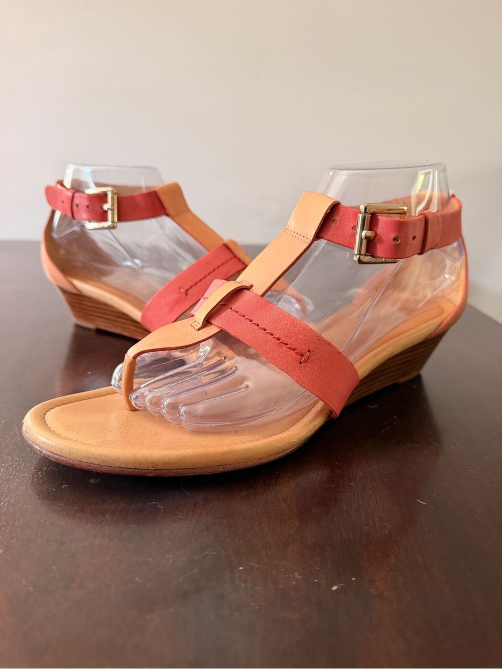 Coach Mandy Leather T-Strap Wedge Sandals Geranium Light Saddle 8.5B gold hardwa